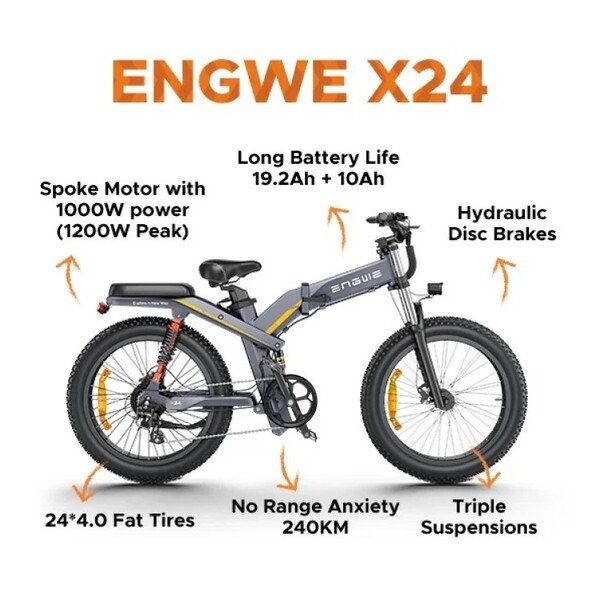 Dviratis 24 elektrinis sulankstomas Engwe X24 1000Wh dviguba baterija juodas